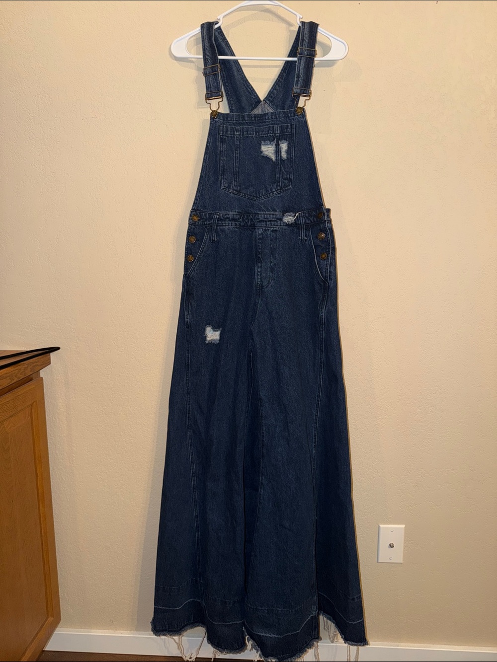 Wysteria Lane Dark Blue Denim Wide-Leg, Super Flare  Overalls, Sz Small